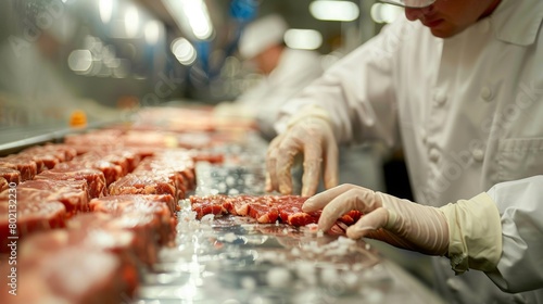 photo shot of quality control inspectors conducting rigorous checks on packaged beef products, ensuring they meet industry standards