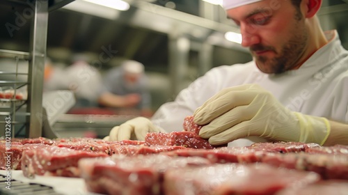photo shot of quality control inspectors conducting rigorous checks on packaged beef products, ensuring they meet industry standards