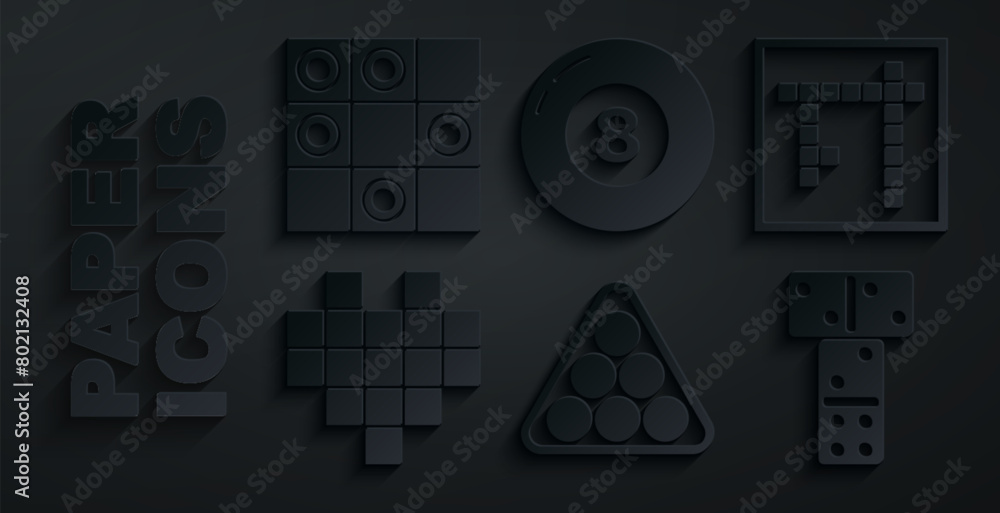 Set Billiard balls in triangle, Bingo, Pixel hearts for game, Domino, pool snooker and Board of checkers icon. Vector