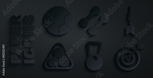 Set Kettlebell, Dart arrow, Billiard balls in rack triangle, Target with, Dumbbell and Football icon. Vector