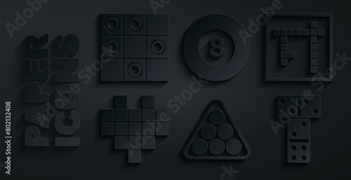 Set Billiard balls in triangle, Bingo, Pixel hearts for game, Domino, pool snooker and Board of checkers icon. Vector