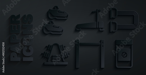 Set Horizontal bar, Chest expander, Metal rack with weights, Anabolic drugs, Treadmill machine and Sport sneakers icon. Vector