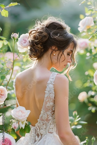 A bride with a stylish updo and an open back wedding dress stands against a backdrop of roses © Creative_Bringer