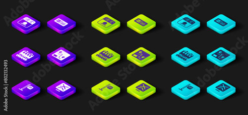 Set Cafe and restaurant location, Railroad crossing, Passenger train cars, Route, QR code ticket and Ticket office to buy tickets icon. Vector