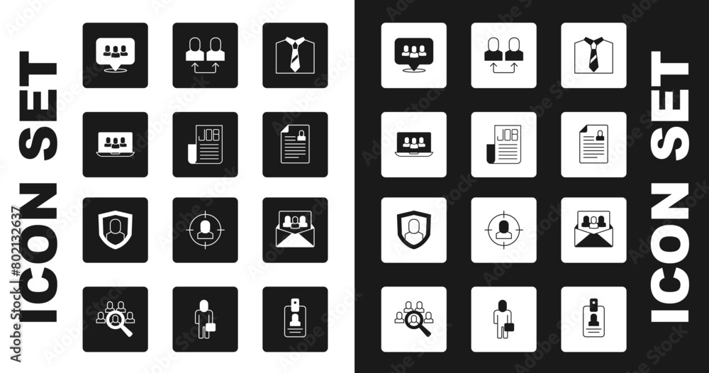 Set Tie, Search job, Project team base, Resume, Exchange work, and User protection icon. Vector Set Tie, Search job, Project team base, Resume, Exchange work, and User protection icon. Vector