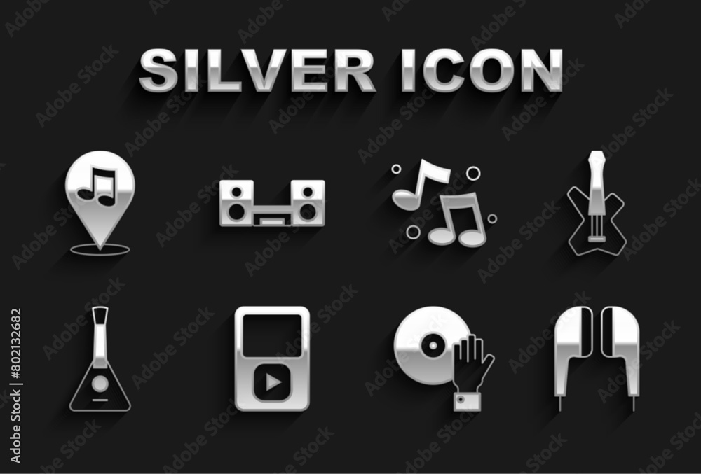 Set Music player, Electric bass guitar, Air headphones, DJ playing music, Balalaika, note, tone, Location musical and Home stereo with two speakers icon. Vector Set Music player, Electric bass guitar, Air headphones, DJ playing music, Balalaika, note, tone, Location musical and Home stereo with two speakers icon. Vector