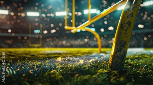 Close up American football arena with yellow goal post, grass field at playground view