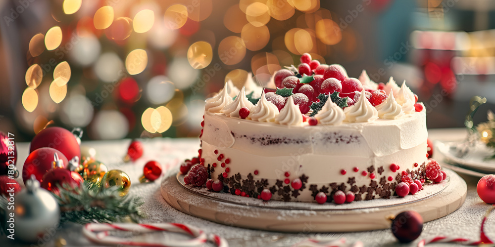 Christmas themed cake with decorations and confetti on a rustic wooden table with beutiful blur light background Christmas themed cake with decorations and confetti on a rustic wooden table with beutiful blur light background