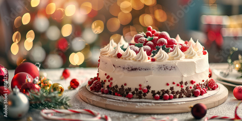 Christmas themed cake with decorations and confetti on a rustic wooden table with beutiful blur light background