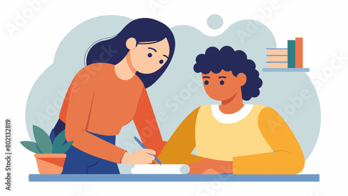In a writing workshop for individuals with dysgraphia a mentor with the same condition guides a new participant in developing writing strategies.. Vector illustration