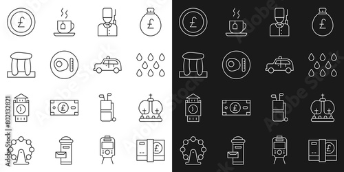 Set line Pound sterling money, British crown, Water drop, soldier, breakfast, Stonehenge, Coin with pound and Taxi car icon. Vector