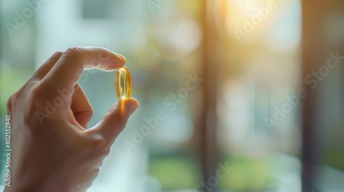Close-up of a hand holding a fish oil capsule focused health concept © Creative_Bringer