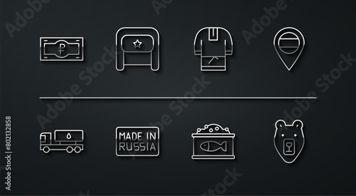 Set line Russian ruble banknote, Tanker truck, Location, Tin can with caviar, Made, Ushanka, Bear head and Kosovorotka icon. Vector