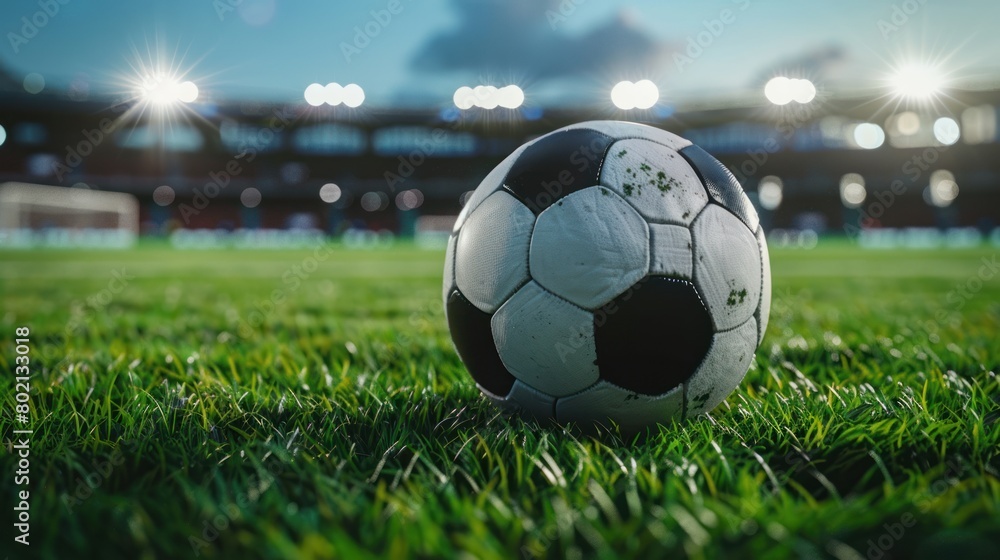 Obraz premium Closeup soccer ball on grass of football field at stadium