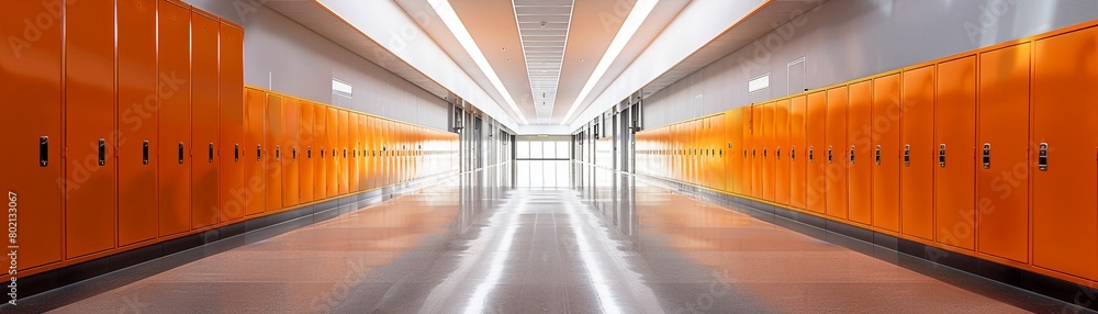 Modern school corridor with orange lockers no people Modern school corridor with orange lockers no people