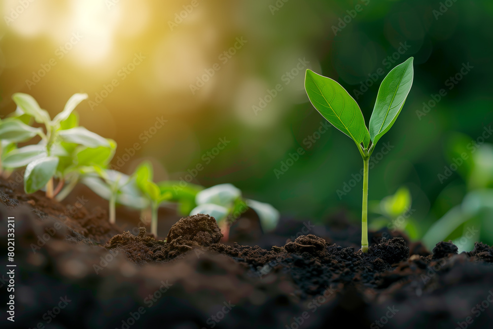 Fototapeta premium Young green sapling growing in fertile soil, symbolizing new beginnings and environmental care in the concept of sustainability, agriculture, and nature conservation.