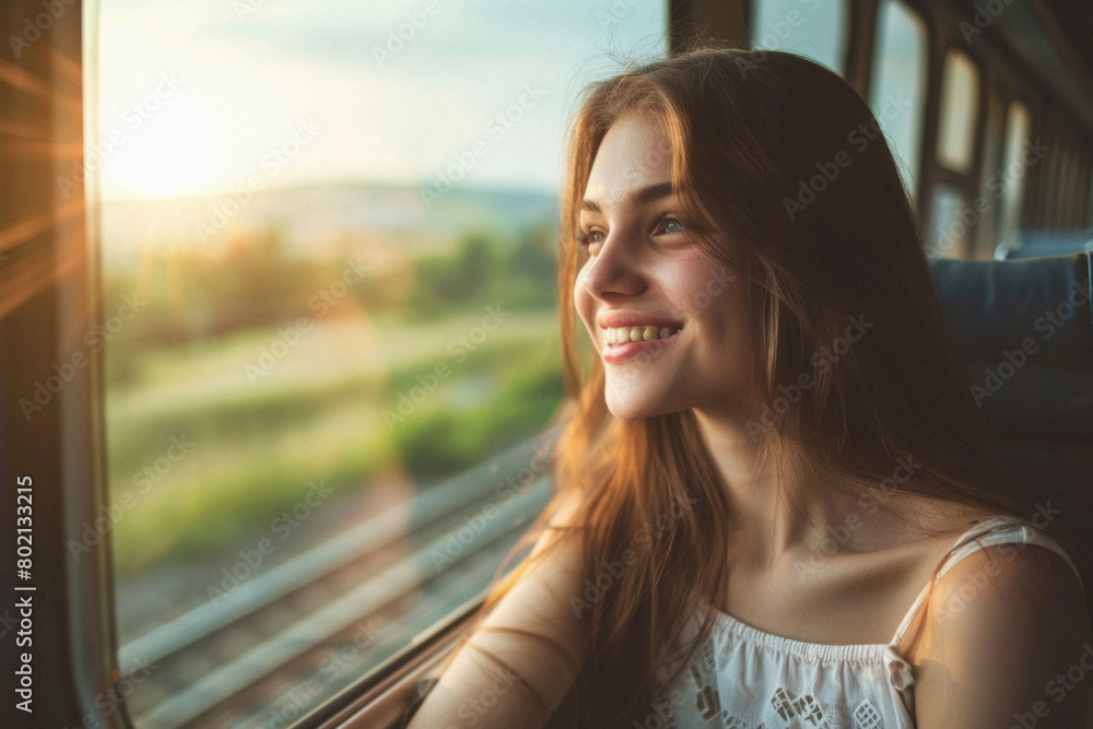 A woman is smiling and looking out the window of a train