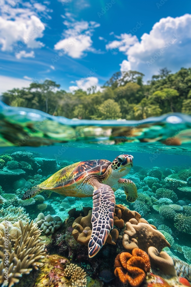 Sea turtle swimming near the ocean surface coral reef below