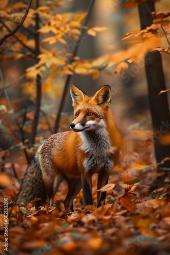 Red fox in a lush forest autumn colors framing its alert stance