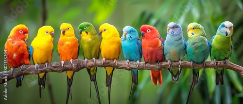 Row of colorful tropical birds on a branch vibrant plumage photo