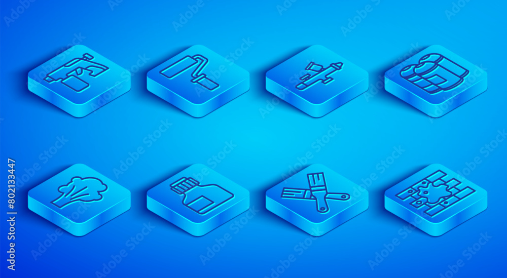 Set line Paint spray gun, roller brush, Paint, gouache, jar, dye, can, and Painting the house icon. Vector Set line Paint spray gun, roller brush, Paint, gouache, jar, dye, can, and Painting the house icon. Vector