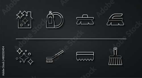 Set line Home cleaning service, Brush for, Sponge, Dishwashing liquid bottle, Handle broom and icon. Vector
