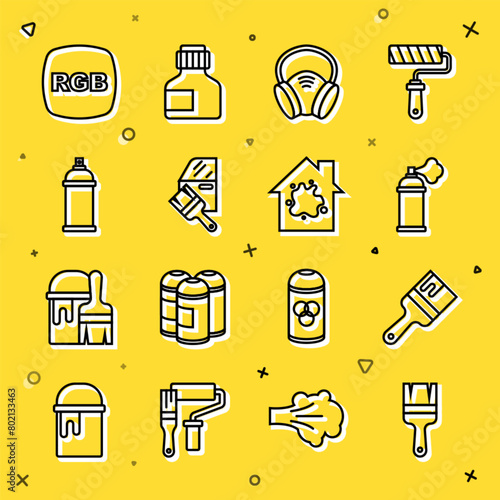 Set line Paint brush, spray can, Gas mask, Car painting, RGB and Painting the house icon. Vector
