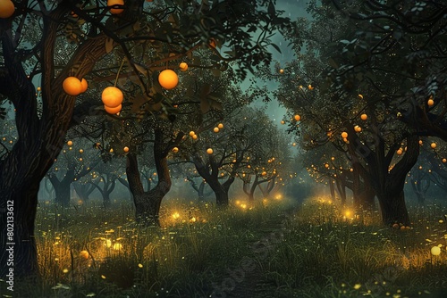 A dark and mysterious forest with glowing orange orbs hanging from the trees.