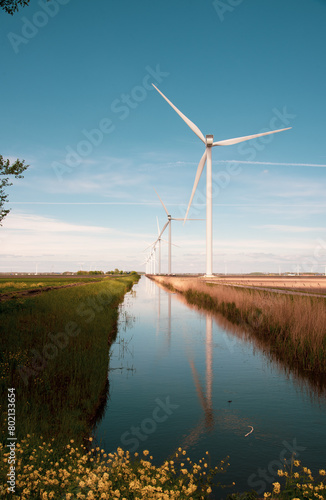 wind turbines in the field near the canal