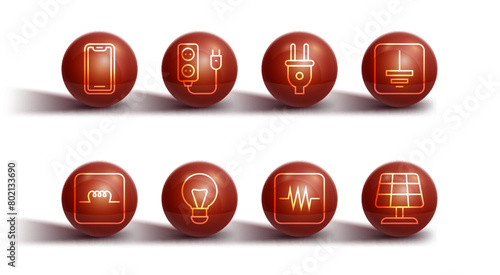 Set line Mobile phone, Inductor in electronic circuit, Electrical symbol ground, Resistor, Creative lamp light idea, extension, Solar energy panel and plug icon. Vector