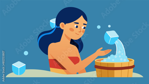 A woman pouring ice cold water on her neck after a sauna session demonstrating the cooling and hydrating effects of water..
