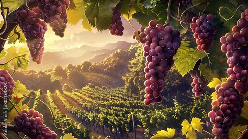 A lush vineyard with ripe, plump grapes hanging from the vines photo