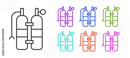 Black line Aqualung icon isolated on white background. Oxygen tank for diver. Diving equipment. Extreme sport. Sport equipment. Set icons colorful. Vector