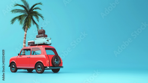 Vintage car with luggage near palm tree travel for summer vacation concept, banner with copy space for text.