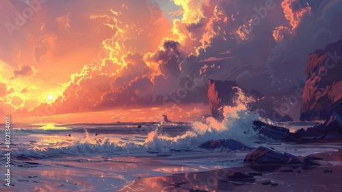 A picturesque painting capturing the sunset over the ocean, with vibrant colors reflecting on the water and a beautiful sky filled with cumulus clouds AIG50