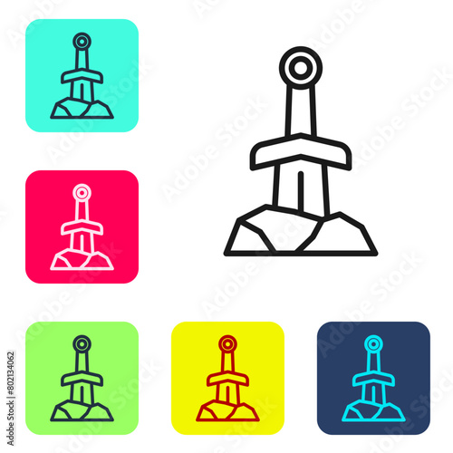 Black line Sword in the stone icon isolated on white background. Excalibur the sword in the stone from the Arthurian legends. Set icons in color square buttons. Vector
