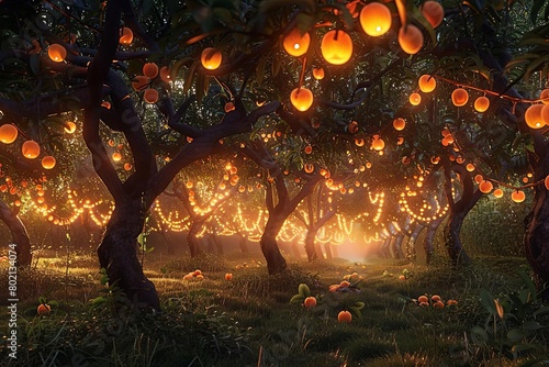 A magical orchard with glowing peaches