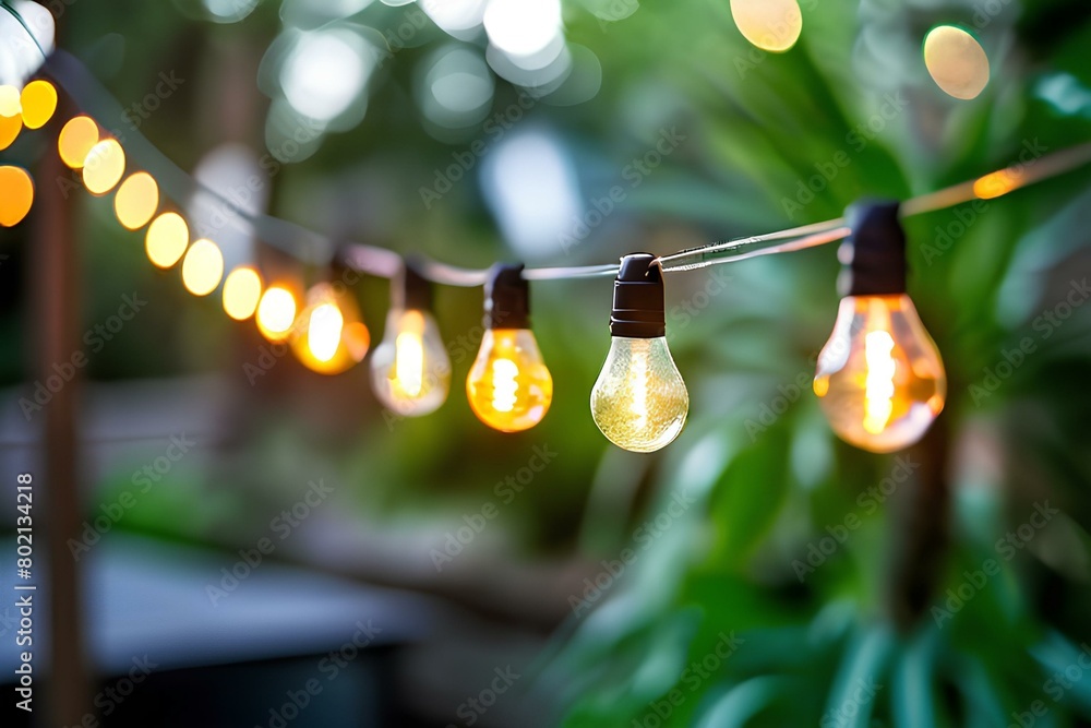 Beautiful outdoor party string lights hanging in backyard on green bokeh spring garden background with copy space. Beautiful outdoor party string lights hanging in backyard on green bokeh spring garden background with copy space.
