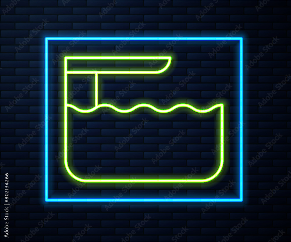 Glowing neon line Diving board or springboard icon isolated on brick wall background. Vector