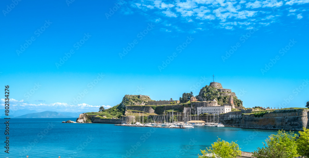 View of the ruins of the Old Fort (Palaio Frourio) from Farilaki, Corfu (Kerkyra), Ionian islands, Greece