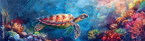 A beautiful watercolor painting of a sea turtle swimming over a vibrant coral reef