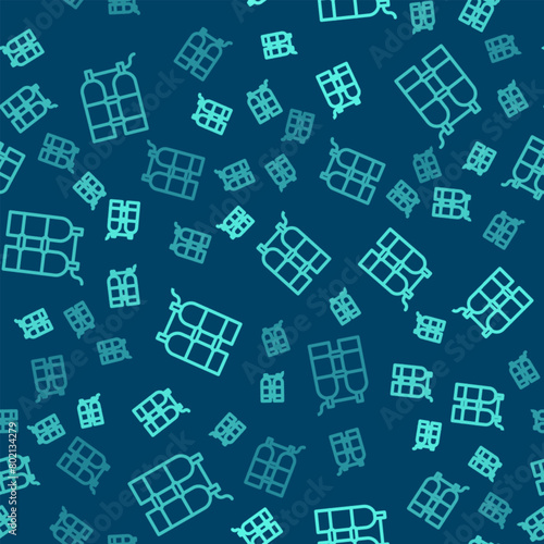 Green line Aqualung icon isolated seamless pattern on blue background. Oxygen tank for diver. Diving equipment. Extreme sport. Diving underwater equipment. Vector