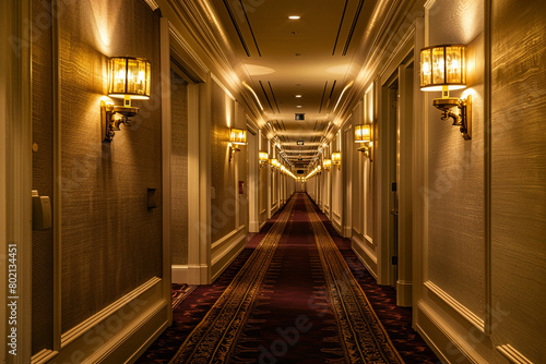 Luxurious hotel hallway with reflective surfaces, golden sconces, and rich burgundy carpeting. © Tahir