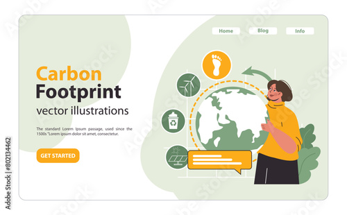 Woman evaluates global carbon footprint. Flat vector illustration