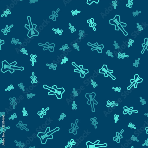 Green line Electric bass guitar icon isolated seamless pattern on blue background. Vector