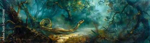 A giant snake slithers through a dark and mysterious forest photo