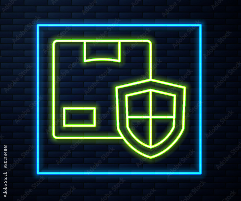 Glowing neon line Delivery security with shield icon isolated on brick wall background. Delivery insurance. Insured cardboard boxes beyond the shield. Vector Glowing neon line Delivery security with shield icon isolated on brick wall background. Delivery insurance. Insured cardboard boxes beyond the shield. Vector