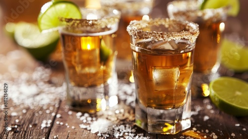 shots of gold Mexican tequila with lime and salt. Alcoholic Mexican national drink