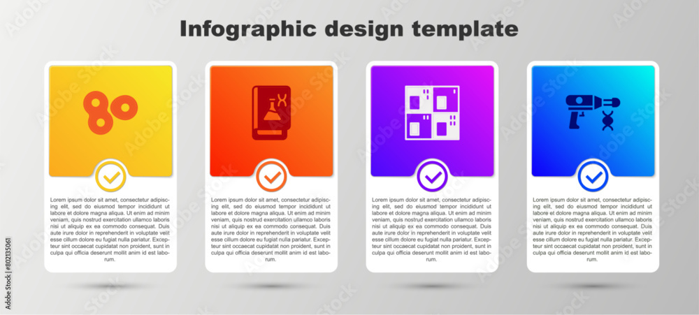 Set Cell division, Genetic engineering book, Periodic table and Transfer liquid gun. Business infographic template. Vector Set Cell division, Genetic engineering book, Periodic table and Transfer liquid gun. Business infographic template. Vector