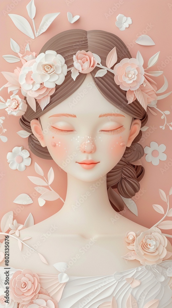 3D paper art style card of a young mother with floral hair decorations.